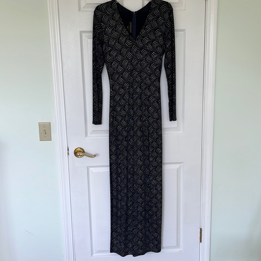 Stunning full length evening dress by Scott McClintock. Navy blue/silver detail.